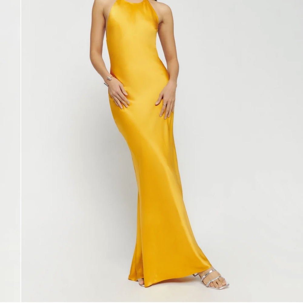 Reformation Satin Halter Maxi Dress in Sunflower - Picture 4 of 8